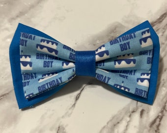 Birthday Boy Blue Double Fabric Bow Tie | Adjustable Strap, Clip On, Pin Broach, Stretch Nylon, Clip | Birthday Theme | Pet Bow Ties