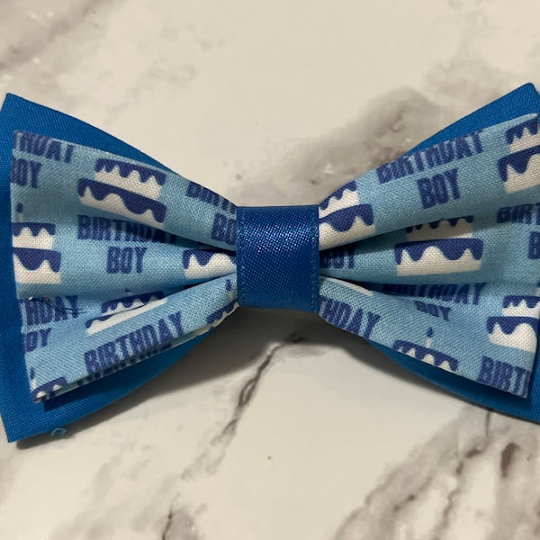 Birthday Boy Blue Double Fabric Bow Tie | Adjustable Strap, Clip On, Pin Broach, Stretch Nylon, Clip | Birthday Theme | Pet Bow Ties