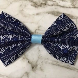 Blue and Silver Menorah Star Of David Hair Bows, Holiday Decorations, Happy Hanukkah Menorahs Pet Bows and Collar Bows, Jewish Holiday Theme