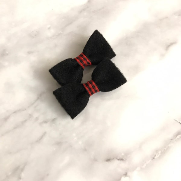 Black & Buffalo Check Set Felt Bows | Little Hair Bows | Small Animal Bow | Tiny Baby Bows | Pigtail Set | Black and Red Plaid