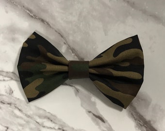 Green Camo Bow Tie, Adjustable Strap, Clip On, Pinned, Stretch for People or Pet Neckwear, Dog Bow Ties, Green Brown Camouflage
