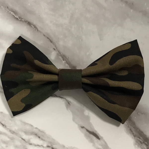 Green Camo Bow Tie, Adjustable Strap, Clip On, Pinned, Stretch for People or Pet Neckwear, Dog Bow Ties, Green Brown Camouflage