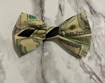 Dollar Bill Print Bow Tie: Fabric Cash Clip-On, Adjustable Strap