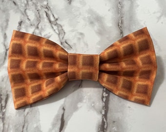 Waffles Bow Tie on Adjustable Strap, Clip On, Pin, Stretch Nylon, Waffle Fabric Bow Ties, Food Gift Bow, Waffle Dog Bows, Pet Collar Bow Tie