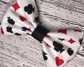 Playing Cards Suits Hair Bow, Cute Costume Bow with Hearts, Spades, Diamonds, Clubs, Casino Party Theme Bow White, Red, Black Dog Collar Bow