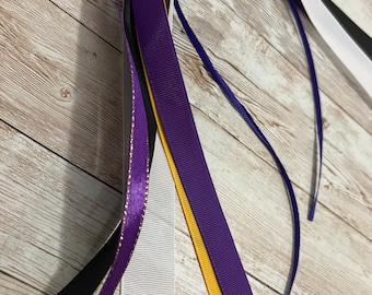 Purple and Gold Hair Ribbon Bow, School Spirit, Team Hair Bows, Elastic Band Bows, Clip In Hair Bow, Ribbons Door Decor