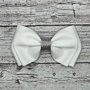 Double Ribbon Hair Bow, White Doubled Up Handmade Hair Bow, School Uniform Bow, White School Hair Bow, Double Bows With or Without Tail