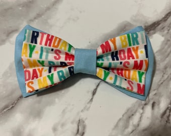 It’s My Birthday Double Bow Tie Light Blue, Adjustable Strap, Clip On, Pin Broach, Stretch Nylon or Birthday Pet Collar Bow Ties