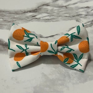 May include: A white bow tie with a pattern of orange citrus fruits and green leaves.