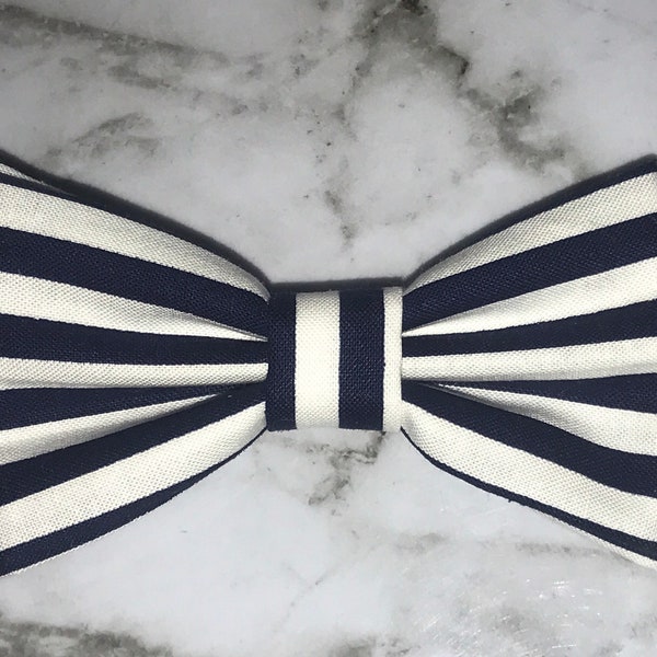 Blue and White Striped Double Fabric Bow Tie | The Classics Adjustable Strap, Clip On, Pin/Broach, Stretch Nylon | Navy Blue | Pet Bow Ties