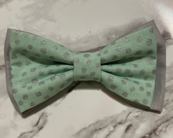 Mint & Silver Polka Dots with Silver/Gray Double Fabric Bow Tie | Adjustable Strap, Clip On, Pin Broach, Stretch Nylon | Dots Pet Bow Ties