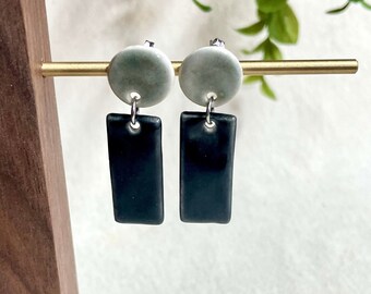 Modern Stud Dangle Earrings, ceramic earrings, black & gray, hypoallergenic, minimalistic style, gifts for her, everyday earrings, push back