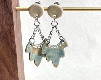 Dangle Chain & Leaf Earrings, ceramic earrings, clay jewelry, plant lover gift, nature earrings, boho style earrings, hypoallergenic, fun