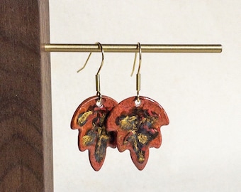 Red Leaf Dangle Earrings, gold earrings, ceramic earrings, clay jewelry, boho dangles, gifts for her, outdoor lover gifts, hypoallergenic