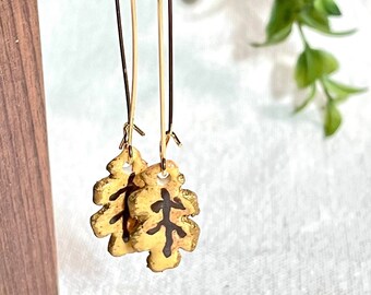 Oak Leaf Dangle Earrings, ceramics, clay jewelry, hypoallergenic, lightweight, boho, nature inspired, gold kidney hook, gifts for women