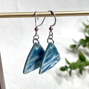 Blue Tide Triangle Dangle Earrings, ceramics, clay earrings, hypoallergenic, ocean theme, beach lover gift, boho dangle earrings, outdoors image 6
