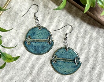 Dark Blue Green Split Circle Dangles, ceramic earrings, clay jewelry, hypoallergenic, unique earrings, statement earrings, gifts for her