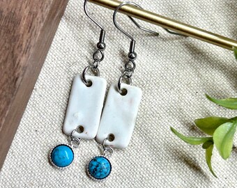 Turquoise Drop Dangle Earrings, ceramic earrings, stone pendants, turquoise jewelry, natural stone, gifts for her, hypoallergenic, boho