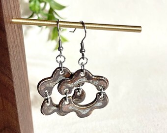 Modern Industrial Flower Dangle Earrings, ceramic earrings, clay jewelry, statement piece, stainless steel, accessories, metallic