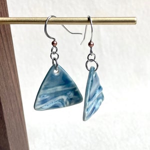 Blue Tide Triangle Dangle Earrings, ceramics, clay earrings, hypoallergenic, ocean theme, beach lover gift, boho dangle earrings, outdoors image 3