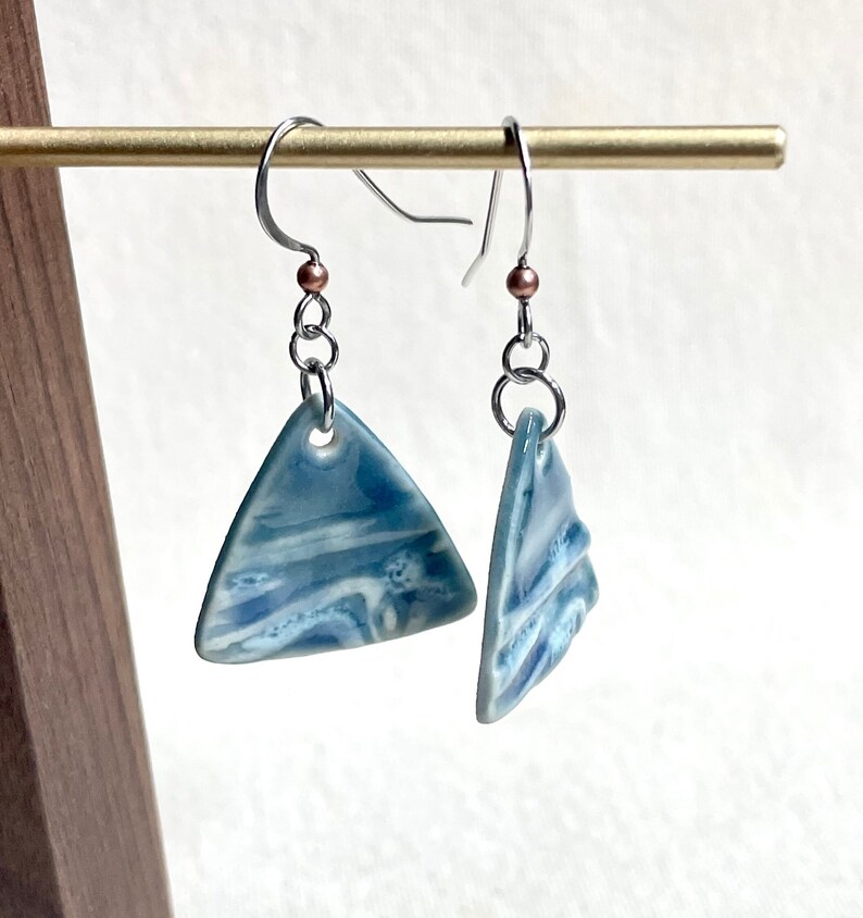 Blue Tide Triangle Dangle Earrings, ceramics, clay earrings, hypoallergenic, ocean theme, beach lover gift, boho dangle earrings, outdoors image 3