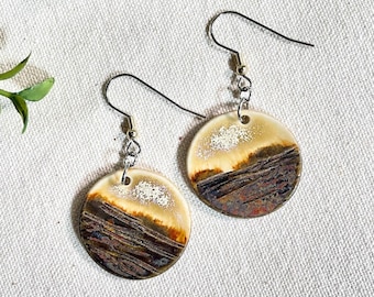 Shimmer Beige Dangle Earrings, ceramics, clay earrings, boho dangle earrings, hypoallergenic, lightweight, gifts for her, gold jewelry