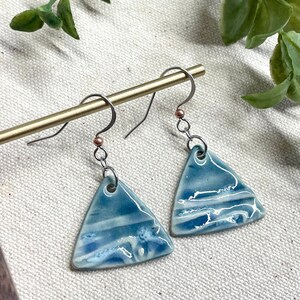 Blue Tide Triangle Dangle Earrings, ceramics, clay earrings, hypoallergenic, ocean theme, beach lover gift, boho dangle earrings, outdoors image 2