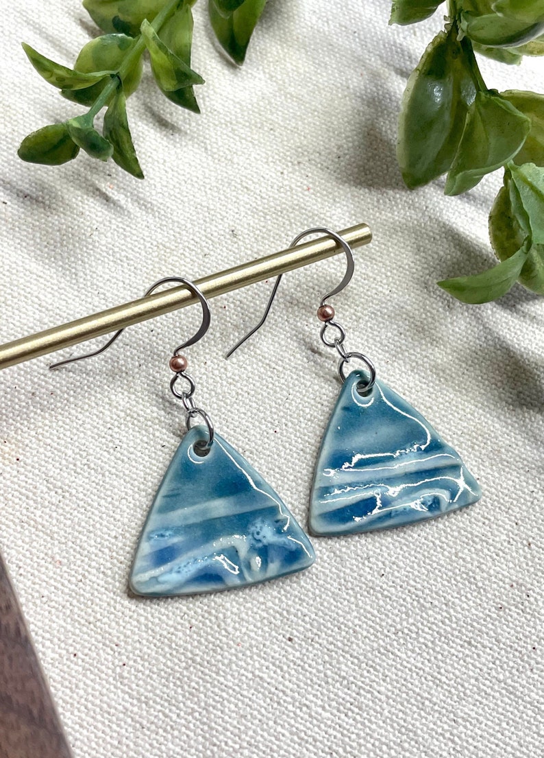 Blue Tide Triangle Dangle Earrings, ceramics, clay earrings, hypoallergenic, ocean theme, beach lover gift, boho dangle earrings, outdoors image 2