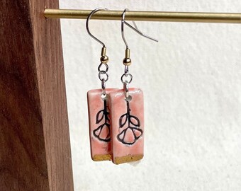 Gold Tip Flower Imprint Ceramic Earrings, pink flower earrings, floral, hypoallergenic, gold & silver, gifts for her, boho style, handmade
