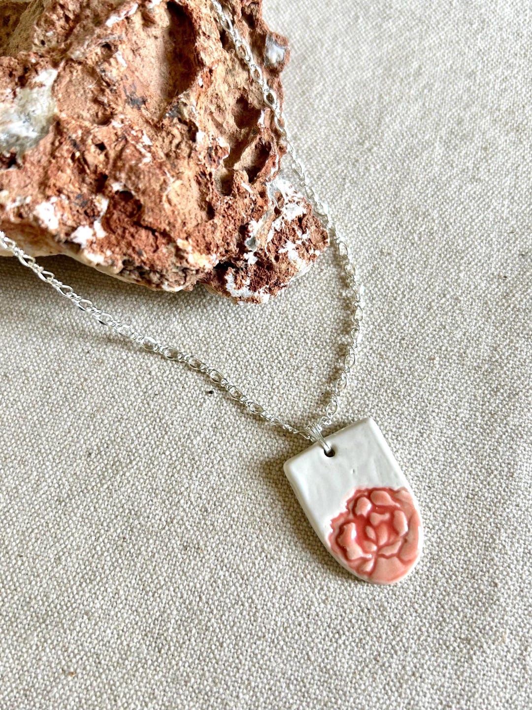 Rose Imprinted Silver Necklace, Ceramic Pendant, Clay Jewelry, Floral ...