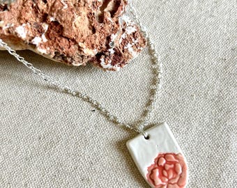 Rose Imprinted Silver Necklace, ceramic pendant, clay jewelry, floral necklace, silver jewelry, gifts for her, hypoallergenic, lobster clasp
