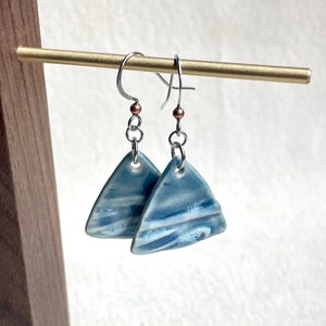 Blue Tide Triangle Dangle Earrings, ceramics, clay earrings, hypoallergenic, ocean theme, beach lover gift, boho dangle earrings, outdoors image 1
