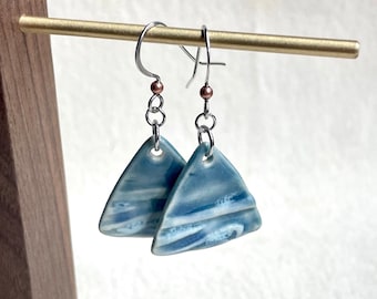 Blue Tide Triangle Dangle Earrings, ceramics, clay earrings, hypoallergenic, ocean theme, beach lover gift, boho dangle earrings, outdoors