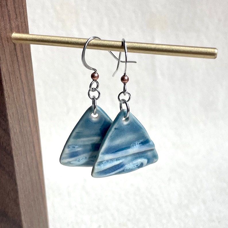 Blue Tide Triangle Dangle Earrings, ceramics, clay earrings, hypoallergenic, ocean theme, beach lover gift, boho dangle earrings, outdoors image 1