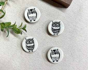 Ceramic Owl Magnets, set of 4, fridge magnets, housewarming gift, teacher gifts, owl accessories, office magnets, black & white, magnet set