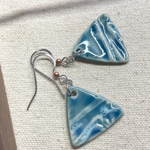 Blue Tide Triangle Dangle Earrings, ceramics, clay earrings, hypoallergenic, ocean theme, beach lover gift, boho dangle earrings, outdoors image 5