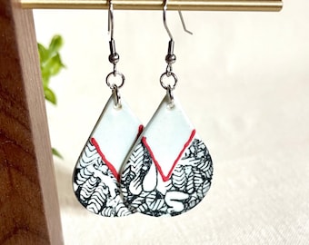 Tropical Floral Decal Teardrop Dangle Earrings, ceramic earrings, clay jewelry, statement jewelry, boho earrings, tropical, accessories