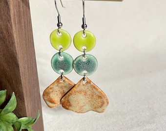 Long Dangle Fan Earrings, yellow & green, iridescent earrings, boho dangle earrings, ceramic jewelry, clay earrings, statement earrings