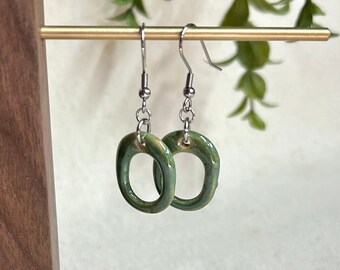 Emerald Green Dangle Earrings, ceramic, clay jewelry, hypoallergenic, minimalistic, boho, gifts for her, oval earrings, nickel-free