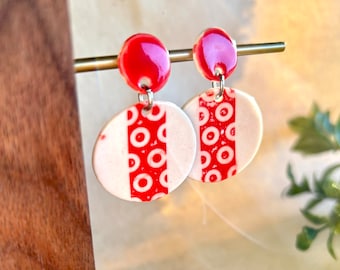 Red Art Deco Stud Dangle Earrings, ceramic earrings, clay jewelry, gifts for her, hypoallergenic, red earring, handmade jewelry, mid-century