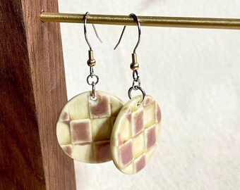 Mauve Checkered Dangle Earrings, ceramics, clay earrings, boho hippie, lightweight earrings, hypoallergenic, gifts for her, gold & silver