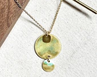 Gold & Green Pendant Drop Necklace, ceramic jewelry, hypoallergenic, gold jewelry, gifts for her, long necklace, statement necklace