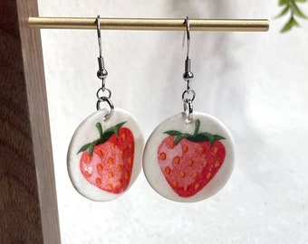 Strawberry Ceramic Dangle Earrings, ceramics, clay jewelry, hypoallergenic, strawberries, summer accessories, cute fruit earrings, berries