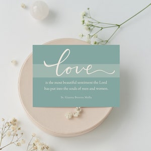 Tarjeta de felicitación digital de descarga: El amor es el sentimiento más hermoso / Santa Gianna / Boda / Aniversario / Azul verde / Católica
