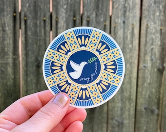 Pray for Peace vinyl sticker / 3-inch high-quality decal / Christian symbolism / Catholic / dove / mandala / blue & yellow / Ukraine