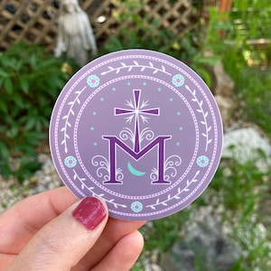 To Jesus Through Mary vinyl sticker / high-quality, 3-inch decal / Marian symbolism / Catholic / miraculous medal / purple and aqua