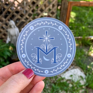 To Jesus Through Mary vinyl sticker / high-quality, 3-inch decal / Marian symbolism / Catholic / miraculous medal / rosary / blue