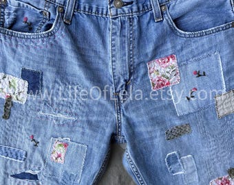 Levi's Relaxed Straight Embroidered Sashiko/Boro Patchwork Upcycled Jeans Size 34 in. Waist
