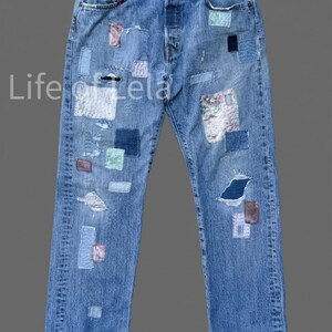 Vintage Levi's 501 Embroidered Boro Patchwork Sashiko Jeans 32 Waist