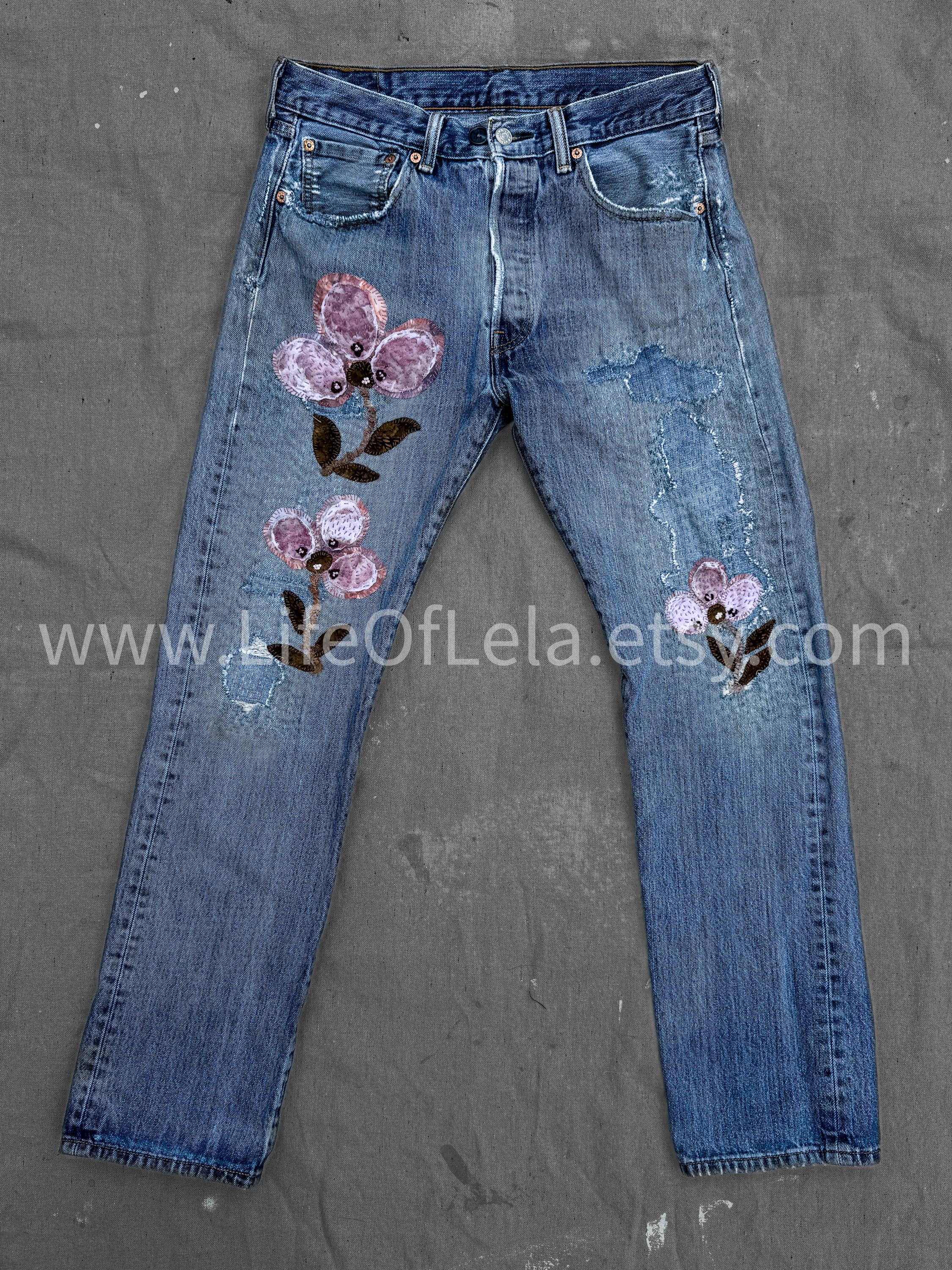 Vintage/upcycled Levi's 501 Sashiko Boro Flower Embroidered Jeans